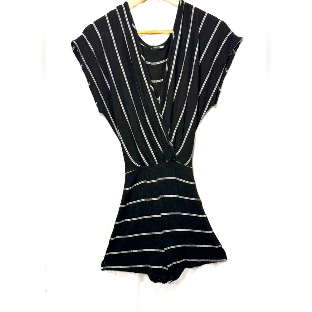 Fashion Nova XL Women’s Black and White Striped Short Romper with VNeck
